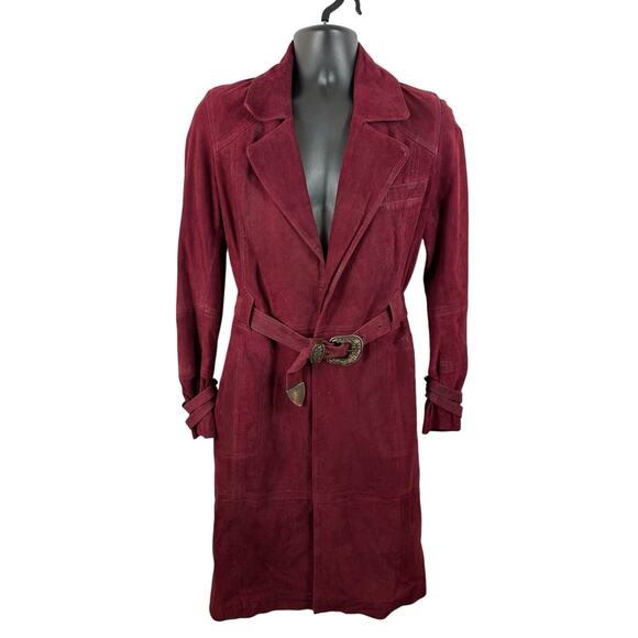 Free People Goat Suede Leather Trench Coat Belted Floral Burgundy Red Size  Small
